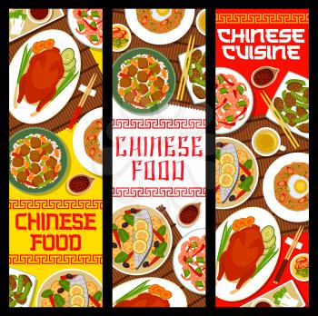 Chinese cuisine vector banners kung pao shrimps, fried noodles with egg and pork liver and green beans reba nira. Steamed mackerel fish with ginger, peking duck and tofu rice with peanuts China dishes