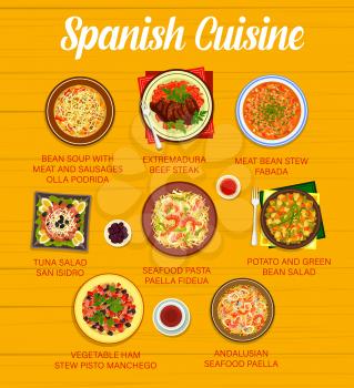 Spanish cuisine vector menu with restaurant dishes of seafood rice paella, vegetable fish salad and meat bean stew. Extremadura beef steak, potato salad, bean sausage soup and vegetable ham stew