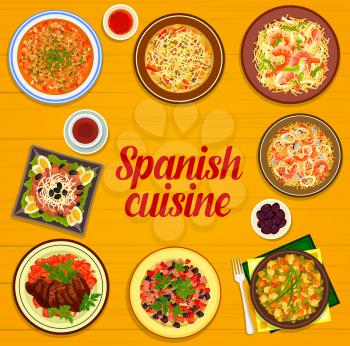Spanish cuisine menu vector cover with frame of seafood, vegetable and meat dishes. Rice and pasta paella, extremadura beef steak, potato and tuna salads, sausage soup and veggie ham stew