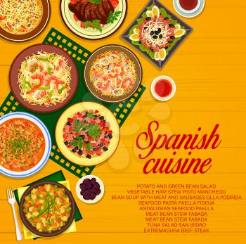 Spanish cuisine restaurant vector menu cover with meat and seafood meal, fish and vegetable salads. Paella dishes with rice and pasta, extremadura beef steak, bean soup and stew with ham and sausages