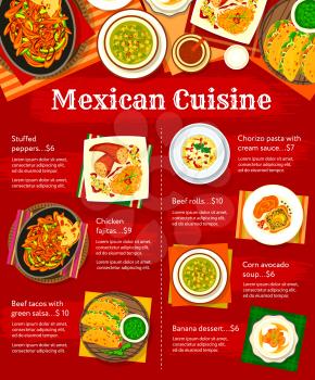 Mexican cuisine food menu with vector vegetable and meat dishes. Tacos with spice salsa sauce, chicken fajitas, stuffed peppers and chilli con carne, banana dessert, chorizo sausage pasta, beef rolls