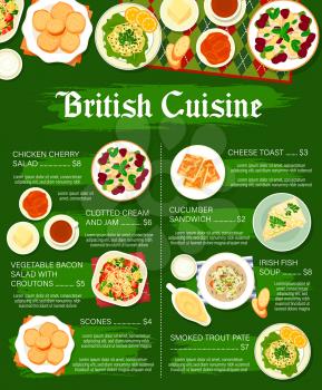 British cuisine menu page template. Irish fish soup, cucumber sandwich and vegetable bacon salad with croutons, scones, clotted cream with jam and chicken cherry salad, cheese toast, smoked trout pate
