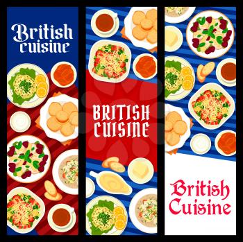 British cuisine restaurant meals banners. Vegetable bacon salad with croutons, scones and Irish fish soup, trout pate, clotted cream with jam and cheese toast, cucumber sandwich, chicken cherry salad