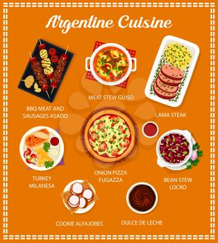 Argentine cuisine menu. Bean stew Locro, cookie Alfajores bbq and turkey Milanesa, onion pizza Fugazza, Lama steak and meat stew Guiso, Dulce de Leche, meat and sausages Asado