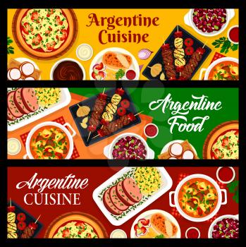 Argentine cuisine banners. Bbq meat and sausages Asado, turkey Milanesa and Lama steak, bean stew Locro, onion pizza Fugazza and Dulce de Leche, cookie Alfajores, meat stew Guiso