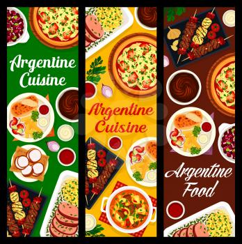 Argentine cuisine restaurant horizontal banners. Meat stew Guiso, bbq meat and sausages Asado, Lama steak, turkey Milanesa and onion pizza Fugazza, cookie Alfajores, Dulce de Leche and bean stew Locro