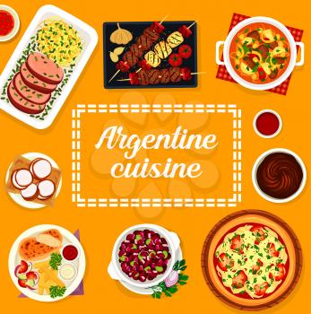 Argentine cuisine menu cover. Bbq meat and sausages Asado, meat stew Guiso and onion pizza Fugazza, Lama steak, cookie Alfajores and turkey Milanesa, bean stew Locro, Dulce de Leche