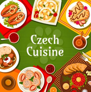 Czech cuisine menu cover. Steak Tartare with sauces and toasts, pork stew goulash with bread dumplings and pie Kolache, fried flatbread Langos, sweet dumplings Knedlikyand pickled sausage Utopenci