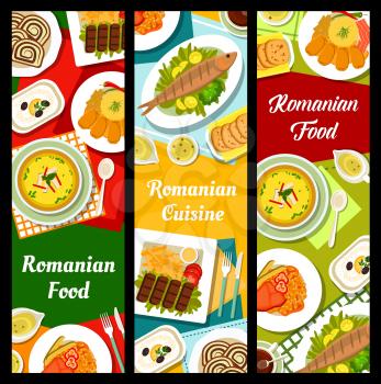 Romanian cuisine dishes banners. Walnut rolls Cozonac, stuffed cabbage rolls and soup Ciorba, grilled trout Pastrav la gratar, grilled beef Pljeskavica and bean stew, cheese pepper spread Korozott