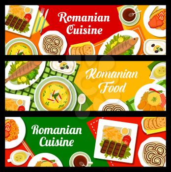 Romanian cuisine banners. Stuffed cabbage rolls, vegetable soup Ciorba and grilled trout Pastrav la gratar, grilled beef Pljeskavica, walnut rolls Cozonac and bean stew, cheese pepper spread Korozott