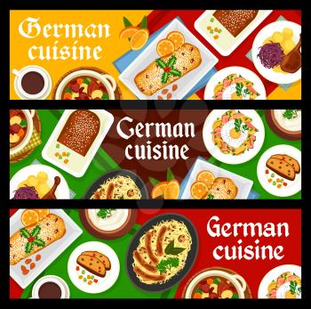 German restaurant meals banners. Christmas Stollen, white sausages Weisswurst and fried cheese potato, bread with dried fruits, roast goose and beef goulash with bell peppers, sauerkraut with sausages