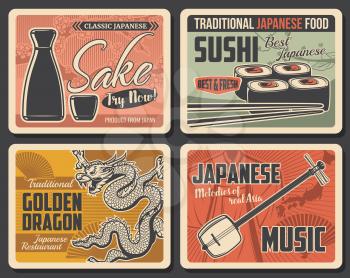 Japanese food restaurant and music retro banners. Sake rise wine ceramic bottle and cup, maki sushi rolls and chopsticks, dragon and shamisen musical instrument vector. Japan culture vintage posters