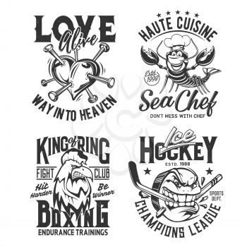 T shirt prints, sport club league, heart, ice hockey and boxing, vector. Fighting club team and champion tee apparel, broken heart tattoo, cuisine chef crab, angry rooster and hockey puck with teeth