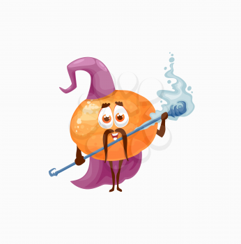 Mandarin, tangerine or orange magician witch, wizard cartoon character with stick, in fairy cap and cape isolated. Vector exotic citrus with magic wand, funny clementine magic kids vitamin food