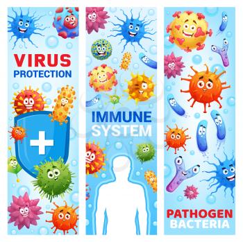 Virus protection, immune system medical banners. Vector cartoon viruses, microbes and pathogens. Virus protection shield and health defense, immunology and vaccine from bacteria and flu infection
