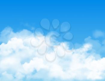 White fluffy clouds or fog on blue sky background. Vector cloudy backdrop, realistic mist, vapor or white smoke. Climate, weather forecast or environment air pollution, heaven on sky backdrop