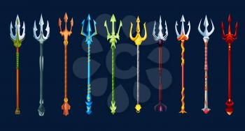 Fantasy magic tridents game weapon asset. Poseidon god, gladiator warrior, devil or demon golden, silver and red pitchfork weapon cartoon vector GUI icons. Fairytale spear or magic lance artifact set