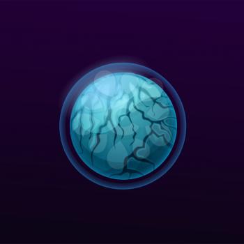 Blue space planet with atmosphere game UI icon. Alien galaxy system planet, cartoon vector fantasy world or exoplanet moon with protective force field sphere, ozone layer and cracks on ice surface
