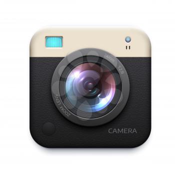 Digital photo camera application icon. Isolated realistic vector social media button. Zoom, snapshot, photocamera graphic element, icon or button of user interface, 3d lens web application