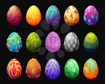 Cartoon dragon eggs game asset. Magic or mythological creature, fantastic dinosaur or reptile color eggs, game user interface element with thorns, spikes, metal and glass scales, gold, hot lava