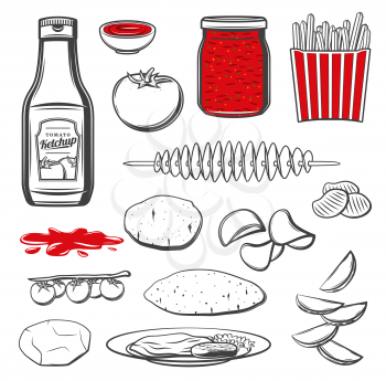 Potatoes and tomatoes fast food sauces and meals. Vector plate with mashed potato, ketchup splatter or smudge, tomato sauce bottle, glass jar and bowl, french fries, spiral chips and yam sweet potato