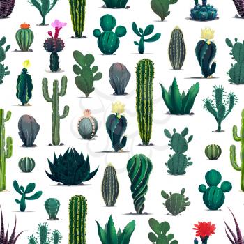 Mexican desert cactuses, prickly succulent plants seamless pattern. Cartoon vector cacti flowers with spikes and blooming blossoms, tropical floral wallpaper, textile or wrapping paper