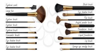 Makeup cosmetic luxury brushes, isolated realistic vector mockups set. Face beauty brushes, eyebrow comb and eyeliner or eye shadow sponge and smudge brush for foundation or concealer and liquid blush