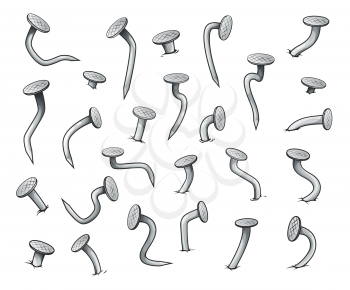 Cartoon bent nails. Isolated steel metal nails vector set. Sharp hardware spikes or hobnails of grey color, curved and hammered into wall on white background. Old iron carpentry items