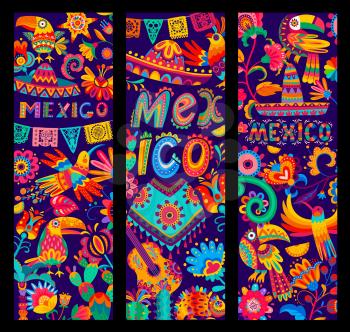 Mexican banners with sombrero, poncho and guitar, parrot and toucan, flowers and cactus, vector. Mexico alebrije craft art or papel picado pattern for Mexican fiesta, birds, chameleons and skulls