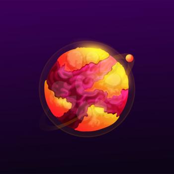 Fantasy planet, cartoon globe of lava and magma isolated fantasy alien world in deep space. Vector hot burning sphere, asteroid satellite with rocky surface. UI, GUI interface magic fantastic planet