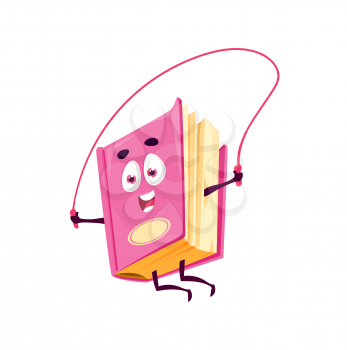 Sportive cartoon book in pink hardcover jumping on rope isolated kids children textbook emoticon. Vector novel or magazine, dairy or notebook booklet symbol of wisdom, education and information