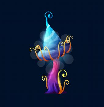Fantasy magic blue mushroom with tentacles. Glowing vibrant color fairytale fungi game design interface cartoon vector icon. Alien or fantastic planet flora plant with blue cap and whiskers