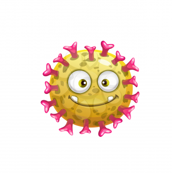 Cartoon rotavirus cell vector icon, funny virus, bacteria or germ character happy face. Smiling pathogen microbe monster with big eyes, isolated yellow round cell with teeth and pimples