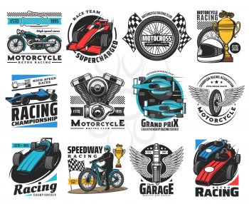 Auto, car and motor racing sport vector icons with motorcycle, open wheel car, kart isolated symbols. Motocross, rally, automobile racing vehicles with race flag, trophy cups, racer helmet and engine