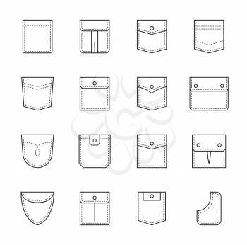 Patch pocket. Uniform clothes pockets with seam and flap. Jacket, woman and men denim or jean pants and casual shirt outline vector different shape pockets set with button, seam, stitch and sewing