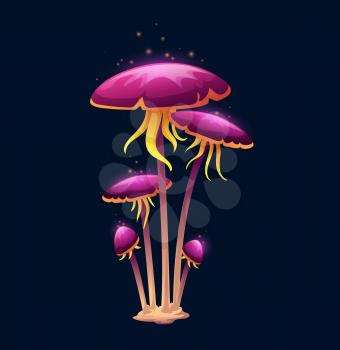 Fantasy magic luminous mushroom or toadstool, vector poisonous fungus. Fairy tale mushroom or witch poisonous shroom with luminous purple acid slime drops, psychedelic amanita grebe