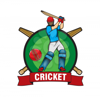 Cricket game icon with batsman and ball. Cricket sport team, professional league club championship, game tournament or training school vector emblem, badge or label with hitting ball batter player