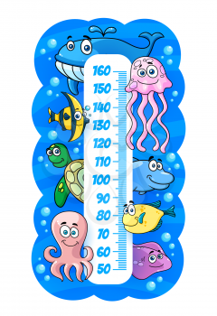 Kids height chart with underwater cartoon sea animals, vector growth measure. Kids height meter or baby tall scale with fishes in ocean water, jellyfish, octopus and smiling turtle with flounder