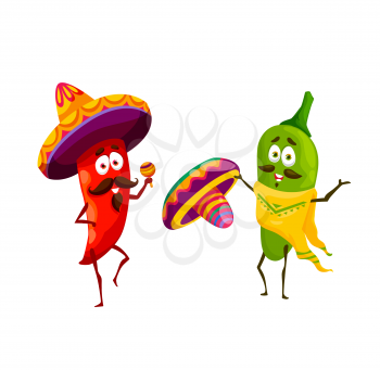 Cartoon Mexican jalapeno and chili pepper happy characters. Vector hot red and green chilli peppers in sombrero hats and poncho playing mariachi maracas, fiesta party of Mexico holiday or festival