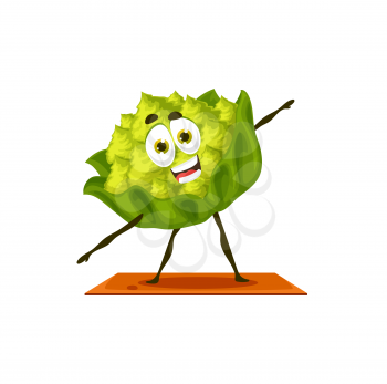Sportive healthy Romanesco cabbage cartoon character with face, hands and legs on fitness pilates mat. Vector vegetarian food with happy smile, nutrition veggie on fitness workout, Roman cauliflower