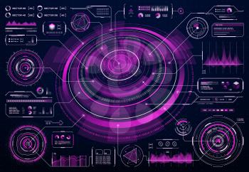 HUD futuristic purple user screen interface, infographics big data info charts or circular vector diagram. Artificial intelligence computer program interface, business information visualization