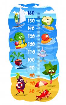 Cartoon vegetable characters on summer beach. Kids height chart, growth measure scale with windsurfing cucumber, surfing cauliflower and riding broccoli, tomato, diving garlic, pepper and spinach