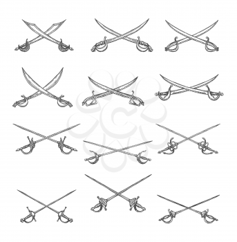 Crossed pirate sabers, swords, epee sketches. Vector military weapon cross, hand drawn pirate ancient map elements, musketeer skewers isolated on white. Engraved cold steel arms set