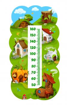 Kids height chart with cartoon fairy home dwellings, vector growth measure ruler. Height chart or baby meter scale with dwarf house of boot and stump, pumpkin or teapot and wood log shelter