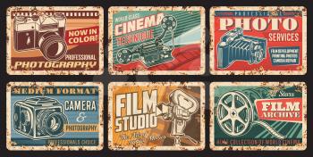 Vintage video and photo cameras rusty plates. Photography service and equipment shop, film studio vector tin signs with old medium format photo and retro cinema camera, movie projector, film reel