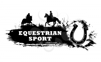 Equestrian sport club grunge banner, horse riding and racing, horseshoe. Vector black silhouette, races, rides, jockey training or competition, stallion equine trotter isolated on white background