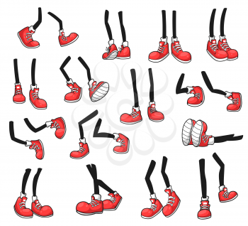 Isolated cartoon vector legs of human comic feets in red shoes. Walking, standing, running and dancing, jumping and lying comic book character legs in bright sneakers with laces
