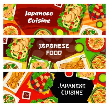 Japann cuisine vector chicken kebab yakitori, noodles with beans, shiitake noodle soup. Udon noodles with chicken breast, shrimp balls takoyaki, udon noodles with prawns and seafood rice salad banners