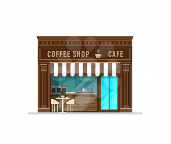 Coffee shop building, isolated cafe or restaurant. Coffee house front facade or bistro cafeteria vector exterior with vintage awnings, summer terrace table and chairs, storefront with cups and pots