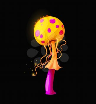 Fantasy fairy magic toxic mushroom, vector cartoon icon. Luminous toxic toadstool or fairy tale magic mushroom amanita with acid yellow cap and pink purple poisonous liquid drips